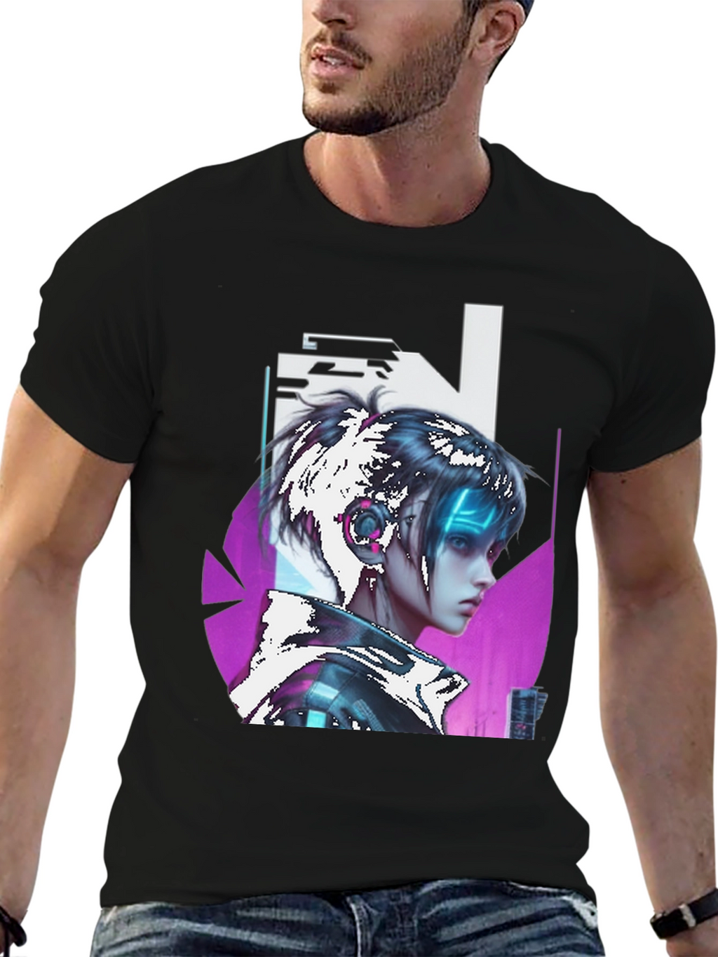 Cyberpunk Girl Graphic Tee - Black Cotton T-Shirt