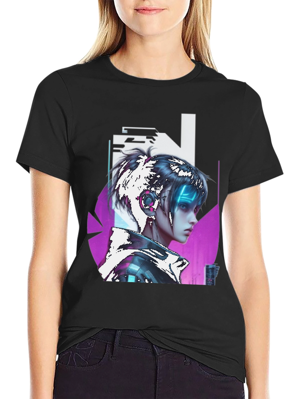Cyberpunk Girl Graphic Tee - Black Cotton T-Shirt