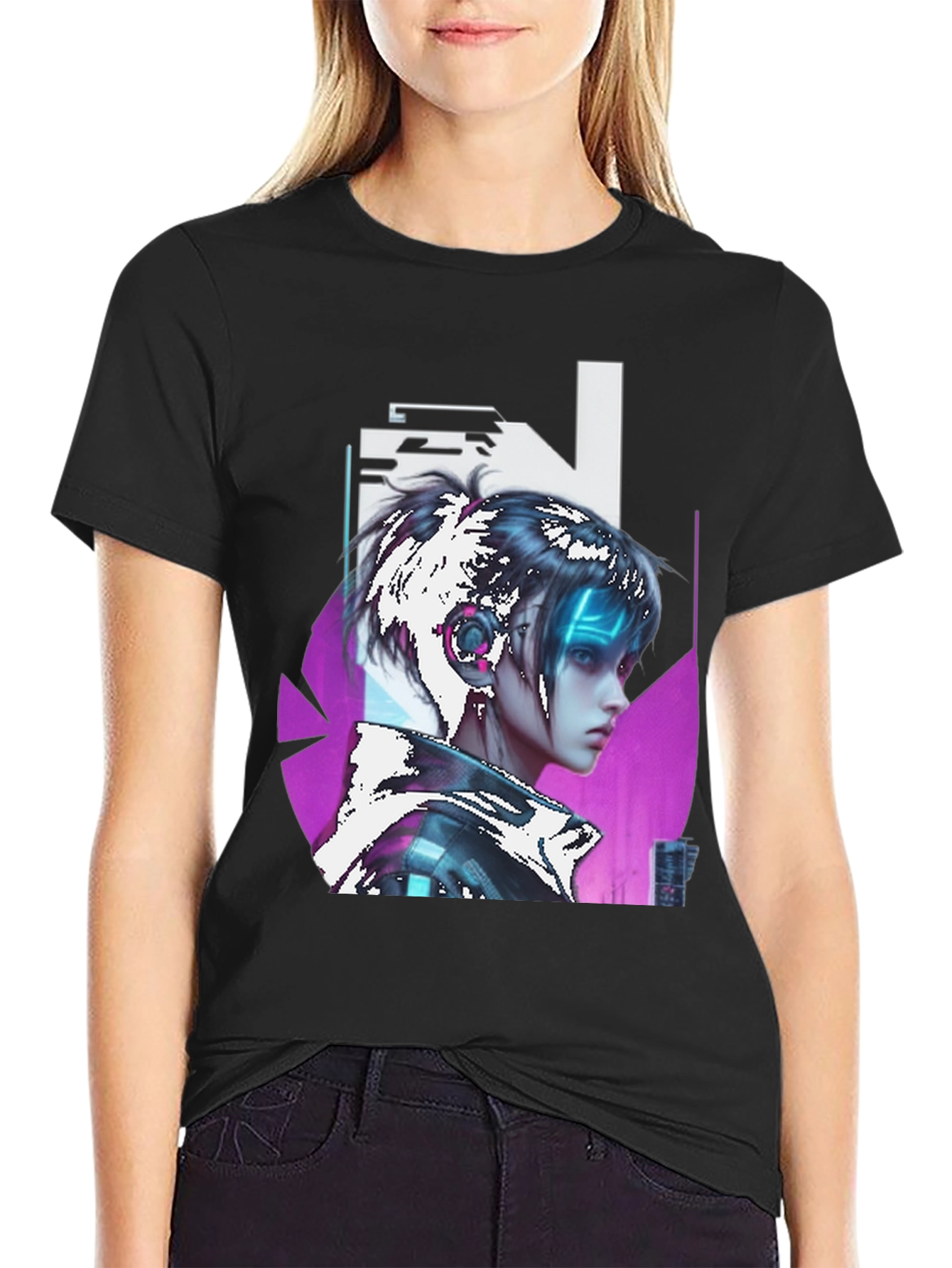 Cyberpunk Girl Graphic Tee - Black Cotton T-Shirt