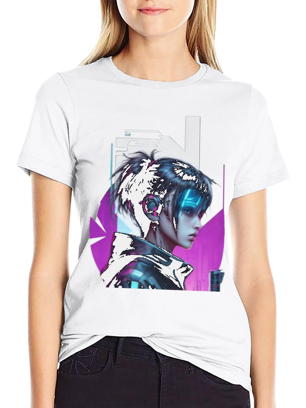Cyberpunk Girl Graphic Tee - Black Cotton T-Shirt