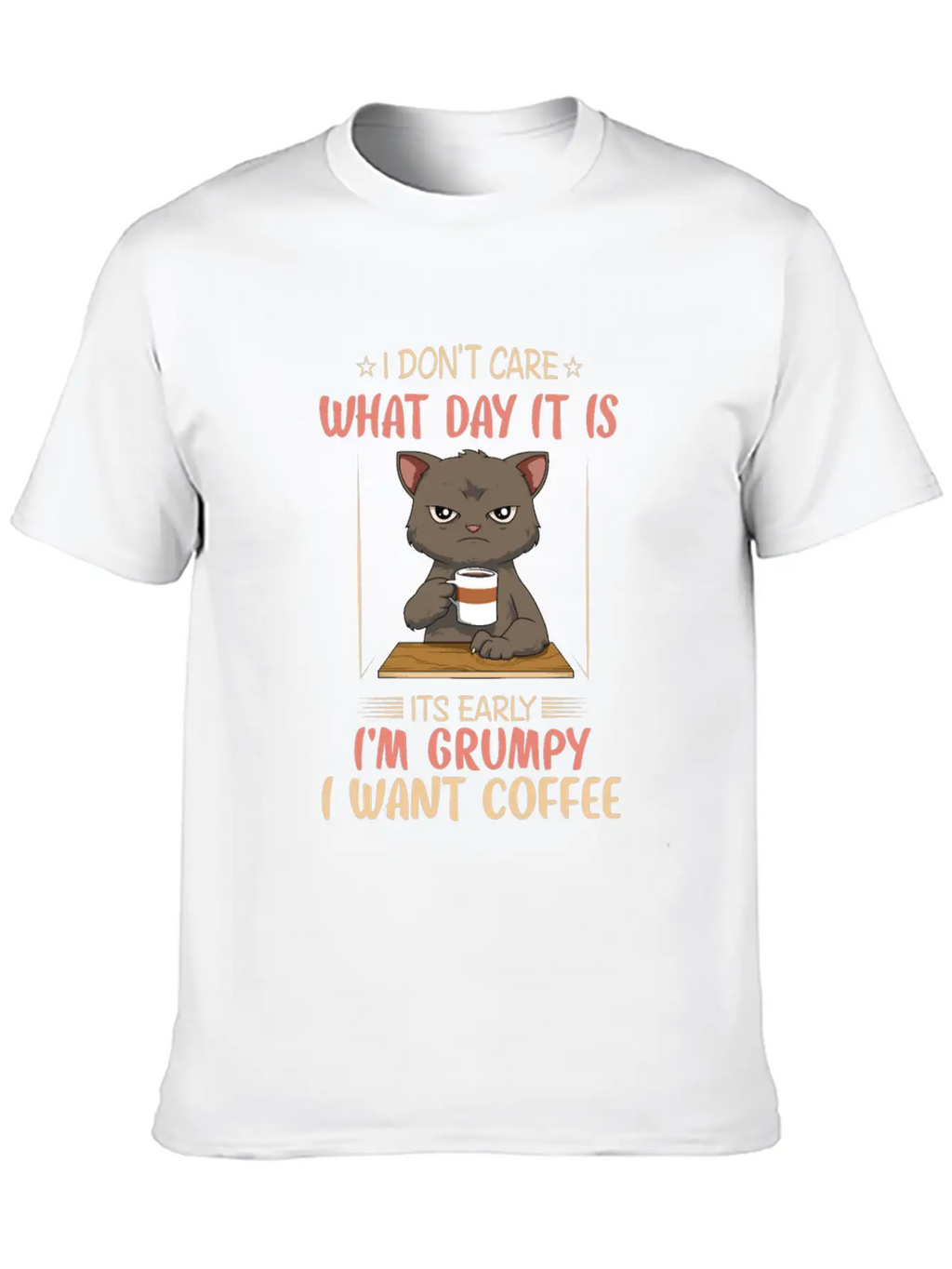 Funny Angry Cat Coffee Lover Feline Morning Animal Essential Cotton Tee For Daily Outfits – Unisex Style