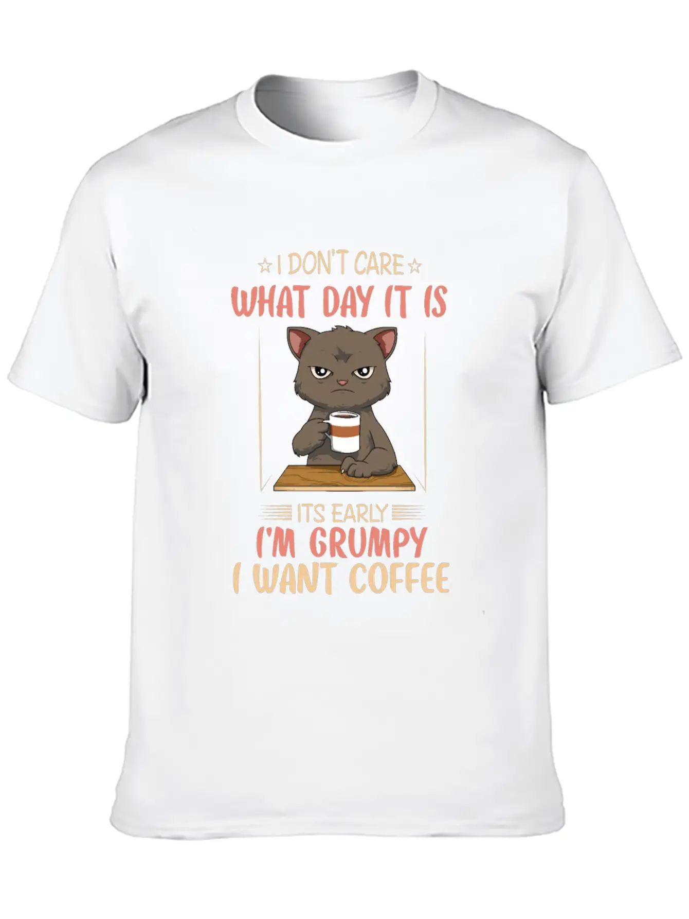 Funny Angry Cat Coffee Lover Feline Morning Animal Essential Cotton Tee For Daily Outfits – Unisex Style