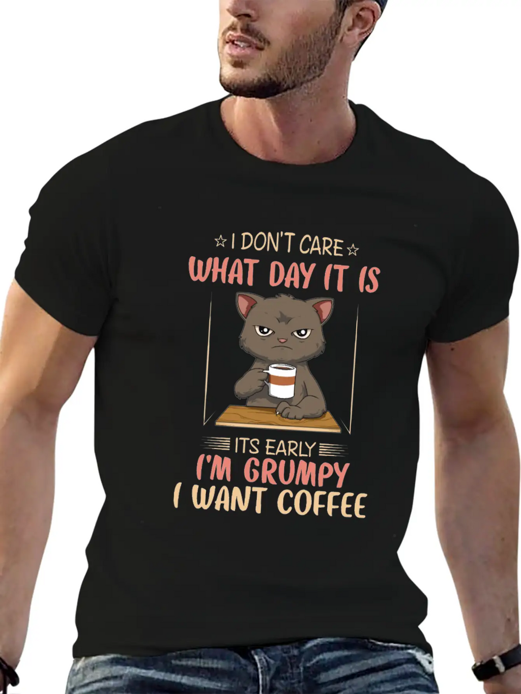 Funny Angry Cat Coffee Lover Feline Morning Animal Essential Cotton Tee For Daily Outfits – Unisex Style