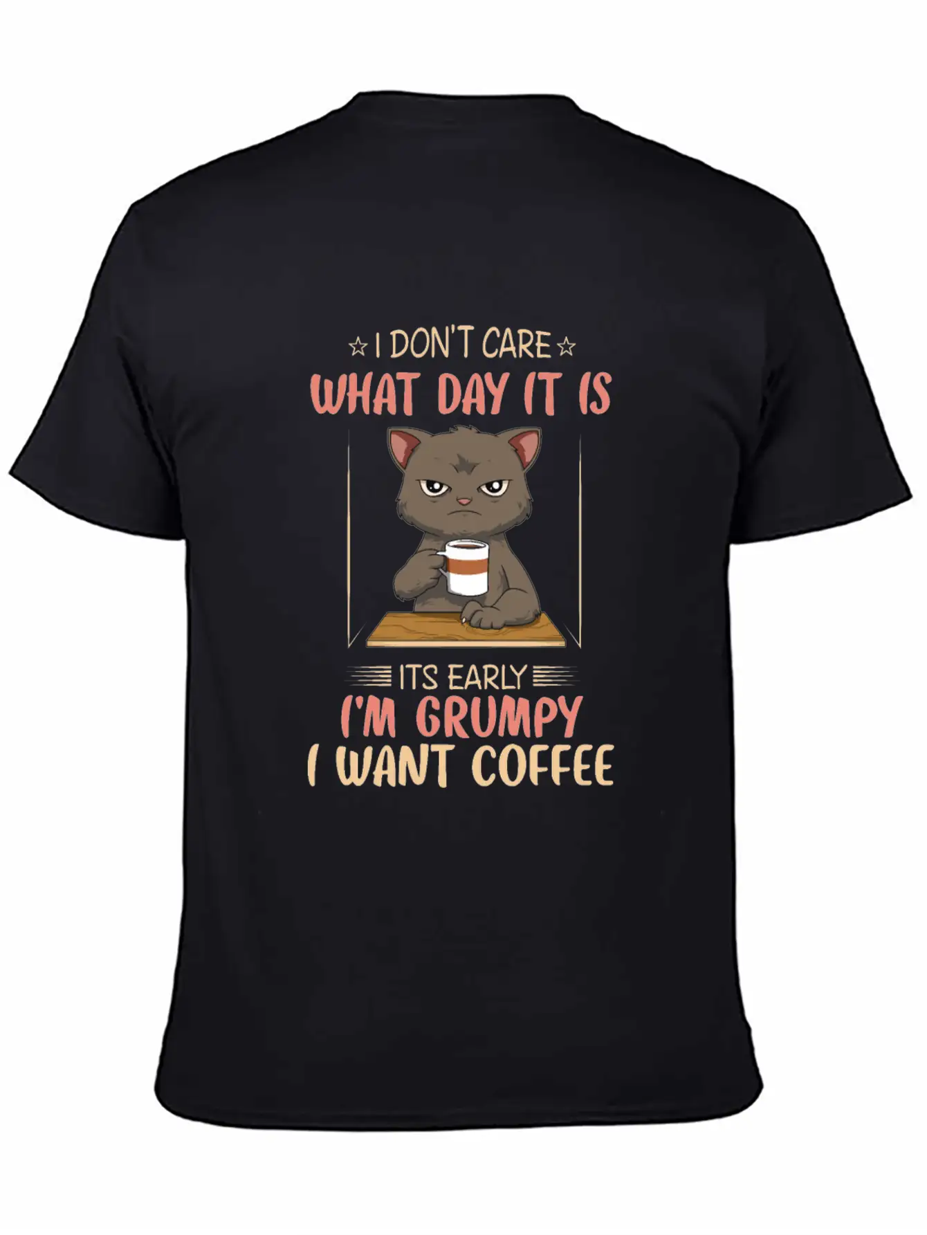 Funny Angry Cat Coffee Lover Feline Morning Animal Essential Cotton Tee For Daily Outfits – Unisex Style