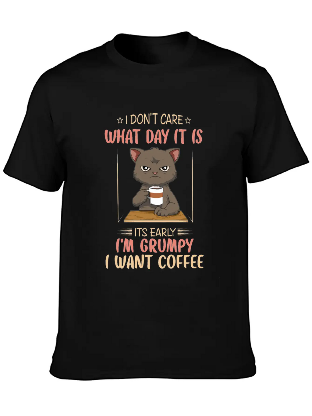 Funny Angry Cat Coffee Lover Feline Morning Animal Essential Cotton Tee For Daily Outfits – Unisex Style
