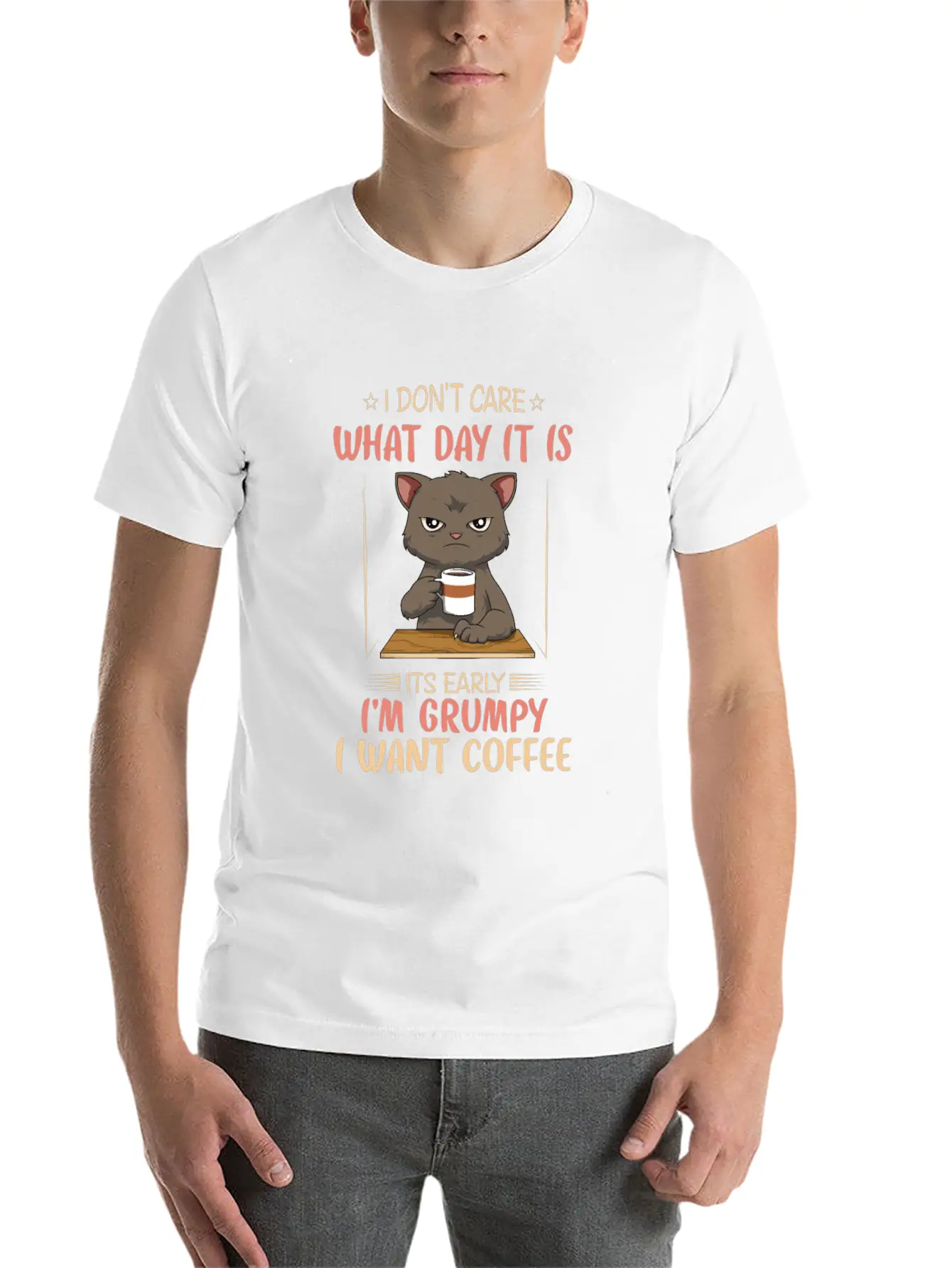 Funny Angry Cat Coffee Lover Feline Morning Animal Essential Cotton Tee For Daily Outfits – Unisex Style