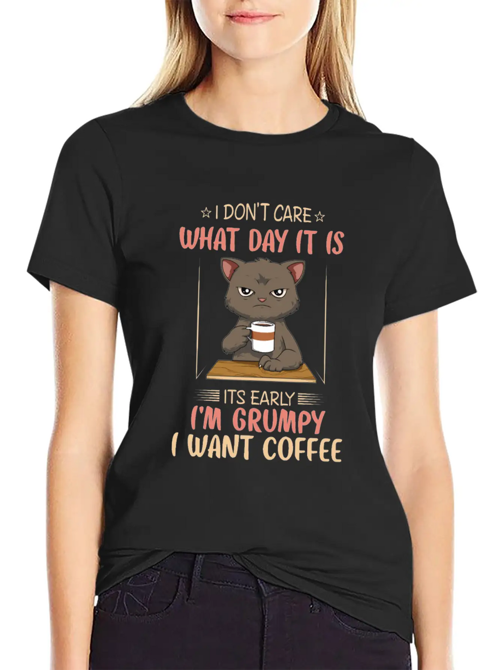 Funny Angry Cat Coffee Lover Feline Morning Animal Essential Cotton Tee For Daily Outfits – Unisex Style