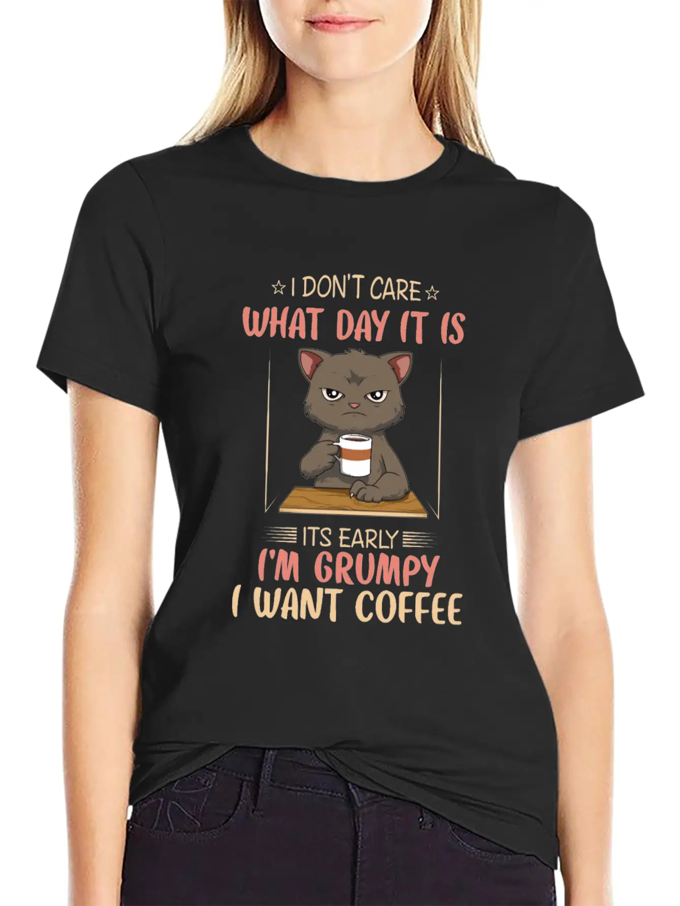 Funny Angry Cat Coffee Lover Feline Morning Animal Essential Cotton Tee For Daily Outfits – Unisex Style
