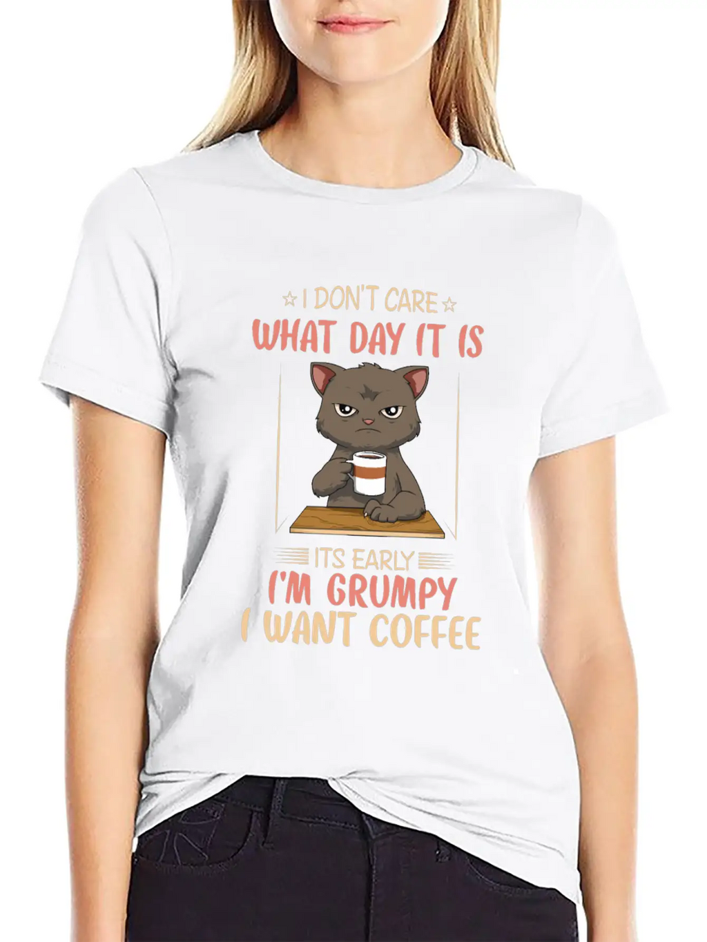 Funny Angry Cat Coffee Lover Feline Morning Animal Essential Cotton Tee For Daily Outfits – Unisex Style