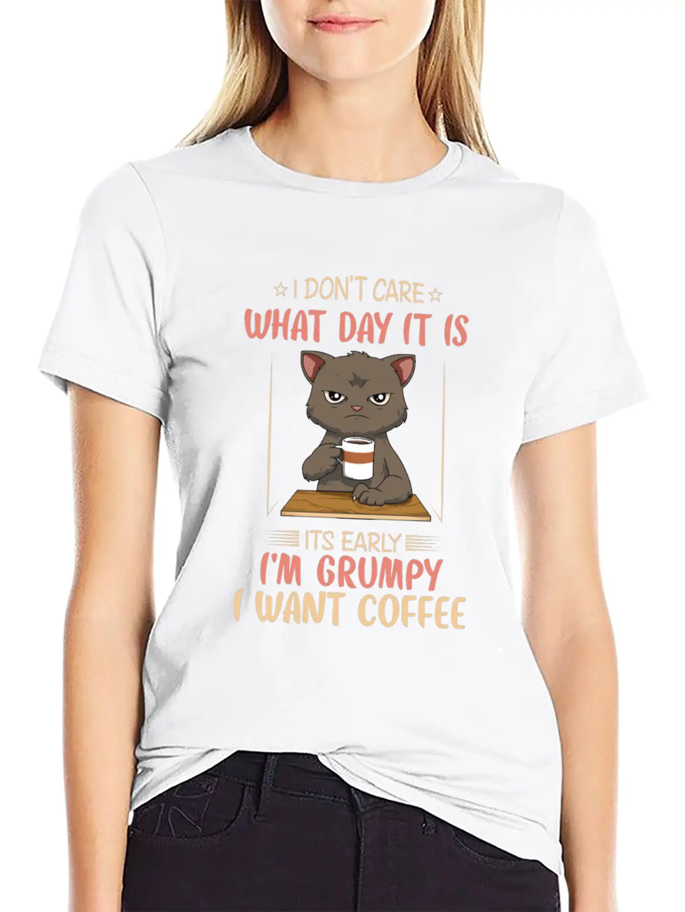 Funny Angry Cat Coffee Lover Feline Morning Animal Essential Cotton Tee For Daily Outfits – Unisex Style