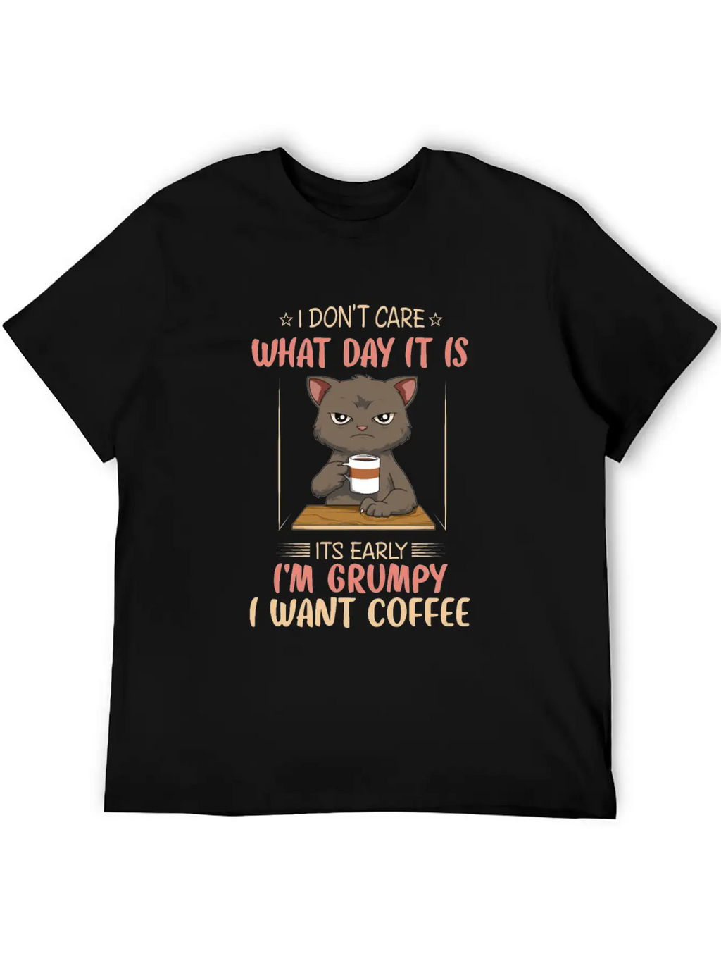 Funny Angry Cat Coffee Lover Feline Morning Animal Essential Cotton Tee For Daily Outfits – Unisex Style
