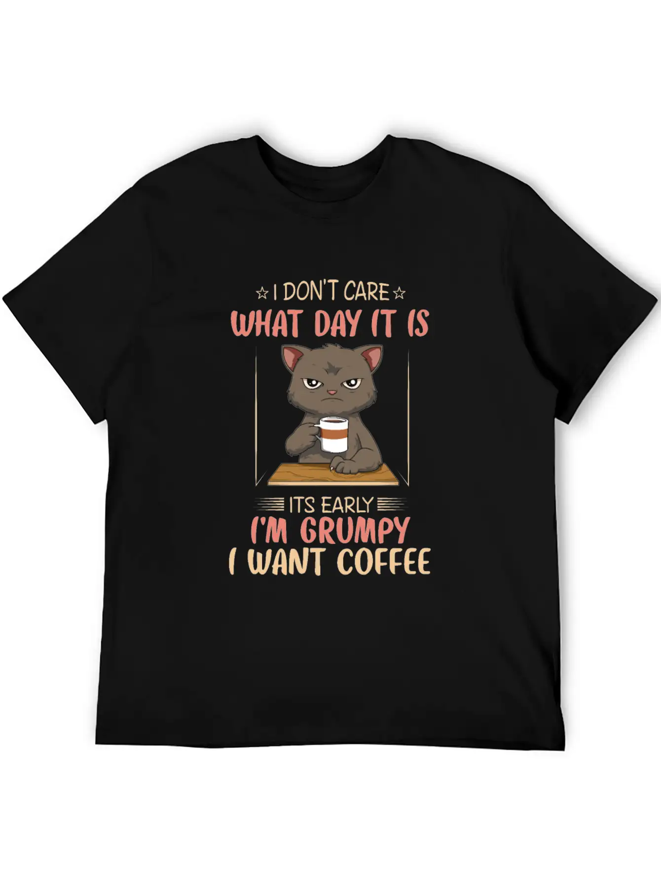 Funny Angry Cat Coffee Lover Feline Morning Animal Essential Cotton Tee For Daily Outfits – Unisex Style