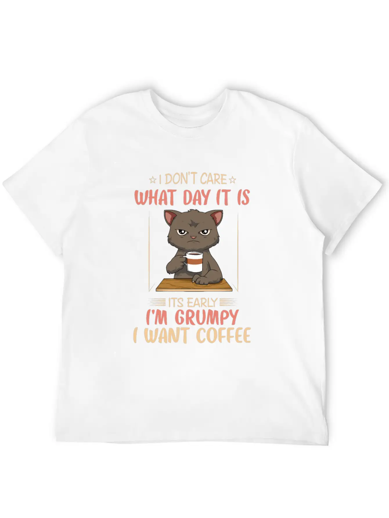 Funny Angry Cat Coffee Lover Feline Morning Animal Essential Cotton Tee For Daily Outfits – Unisex Style