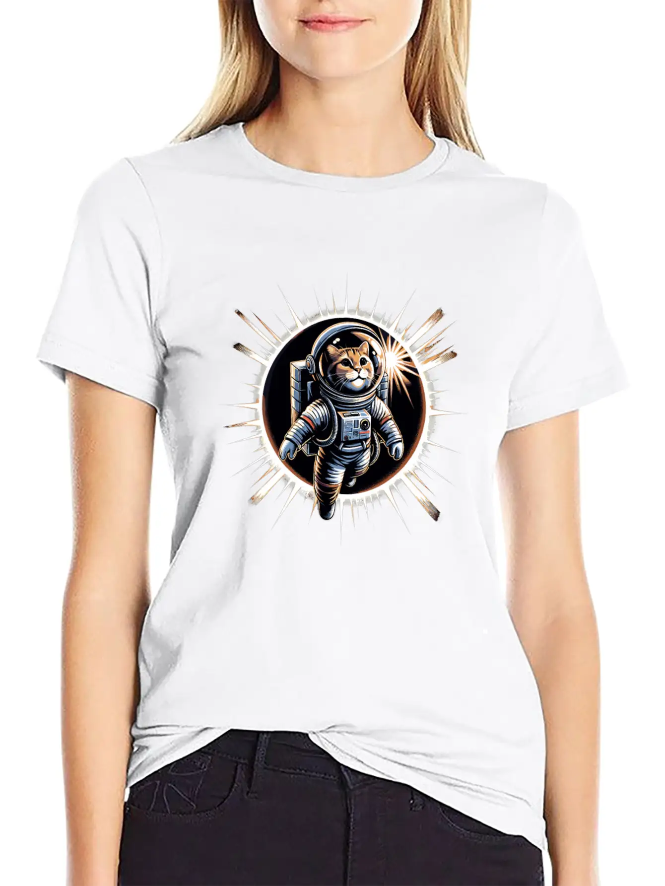 Funny Cat Astronaut Total Solar Eclipse 2024 Relaxed Everyday Tee – Lightweight And Durable Cotton