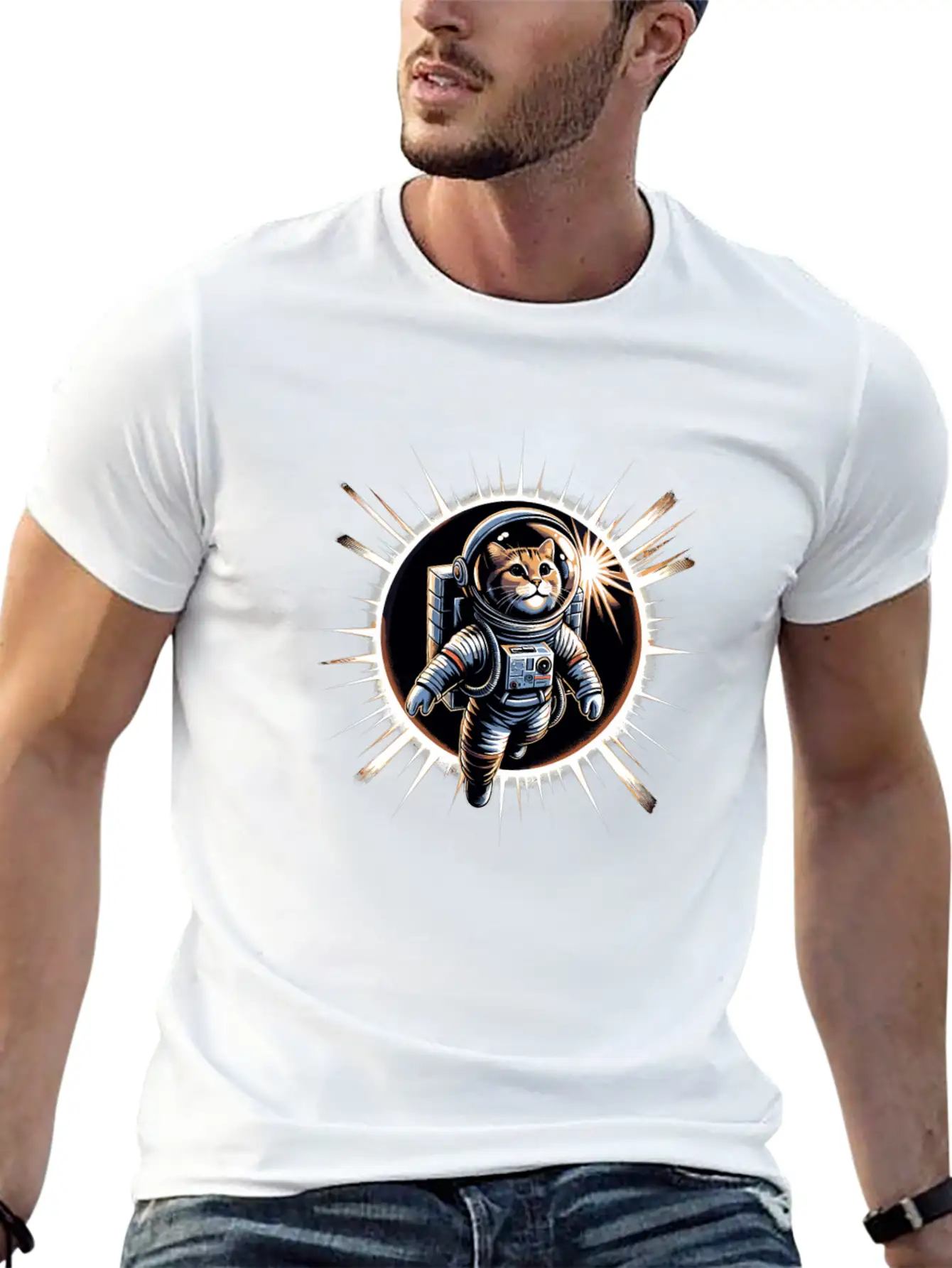 Funny Cat Astronaut Total Solar Eclipse 2024 Relaxed Everyday Tee – Lightweight And Durable Cotton