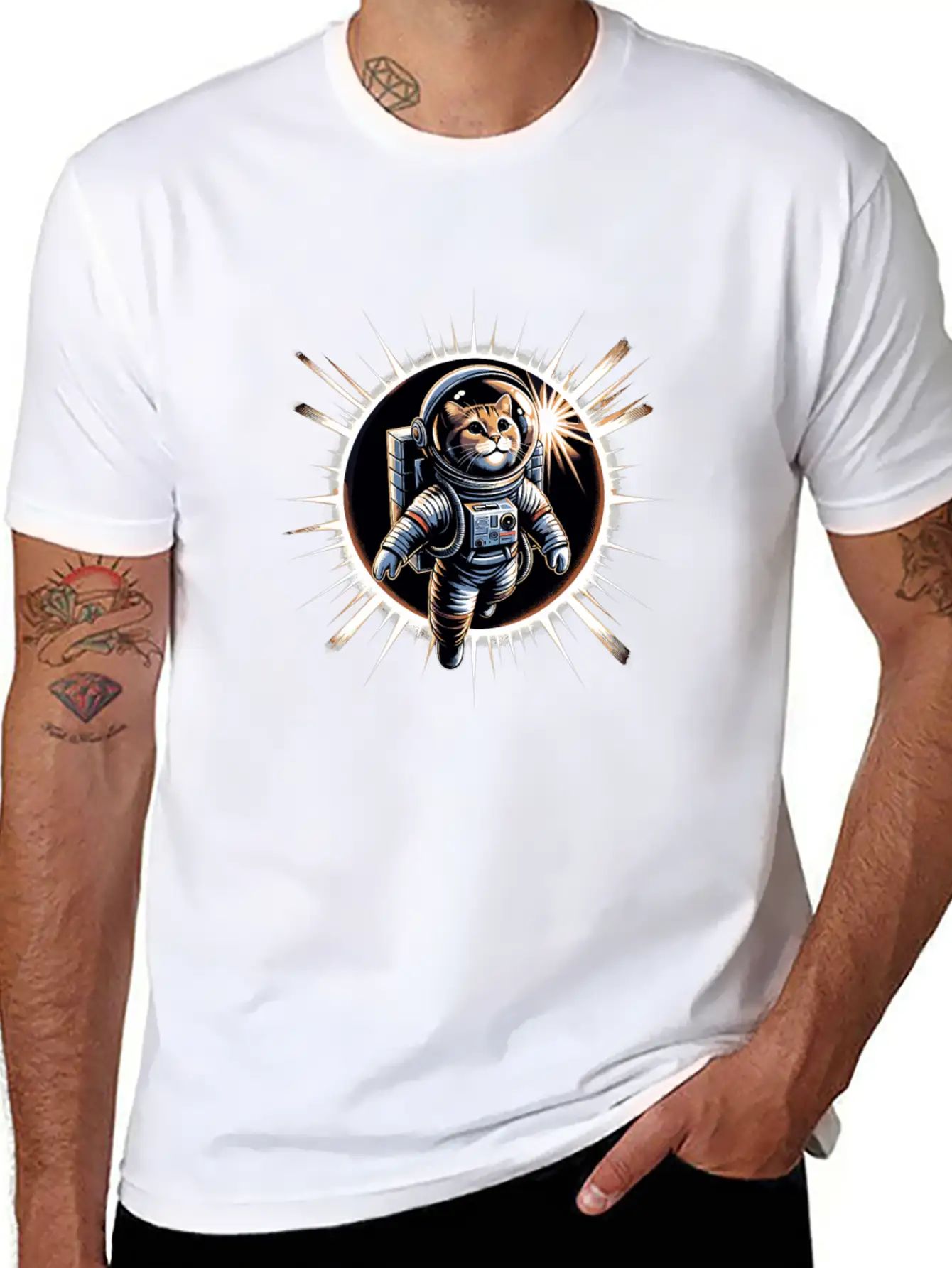 Funny Cat Astronaut Total Solar Eclipse 2024 Relaxed Everyday Tee – Lightweight And Durable Cotton