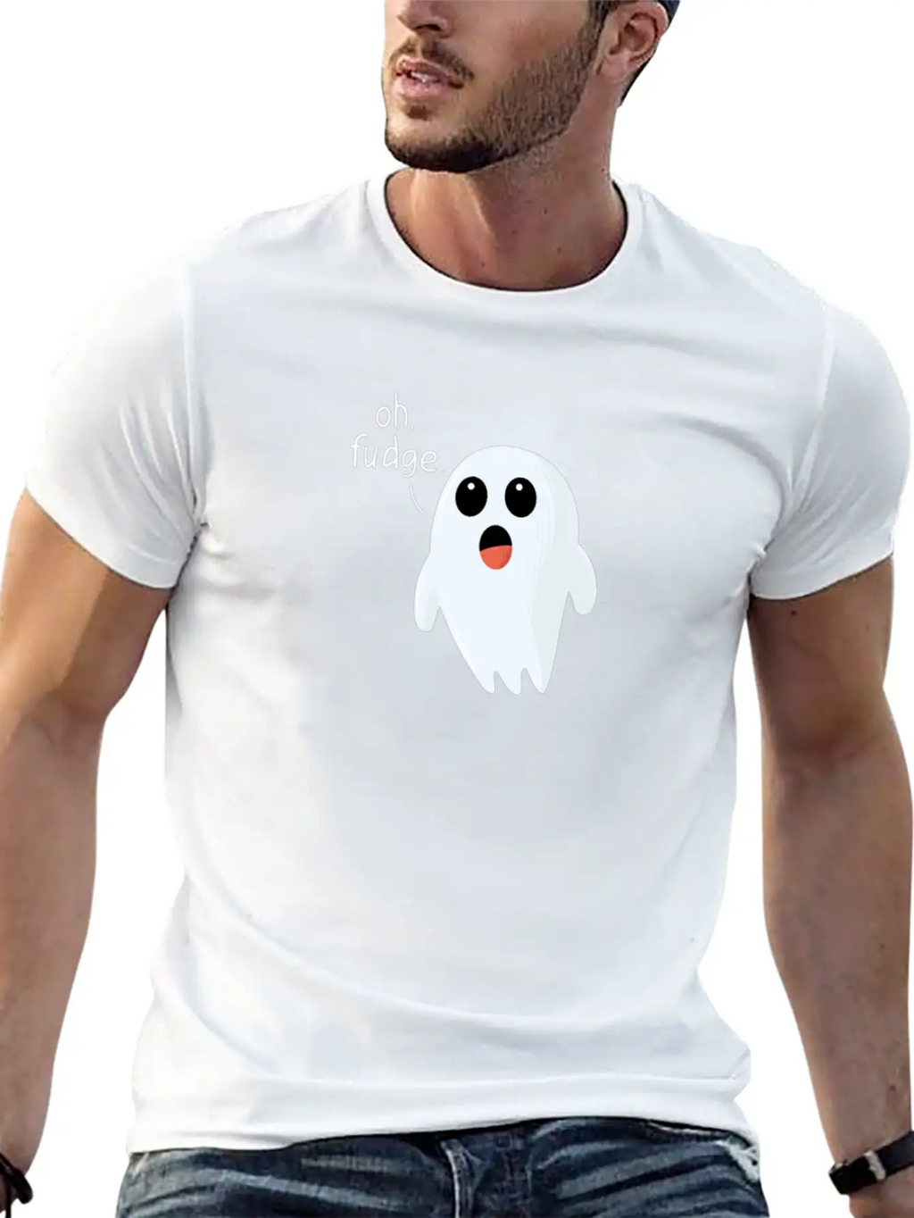 Funny Halloween Print Ghost - Oh Fudge Cute Joke Basic Graphic T-Shirt – Daily Comfort In Soft Cotton
