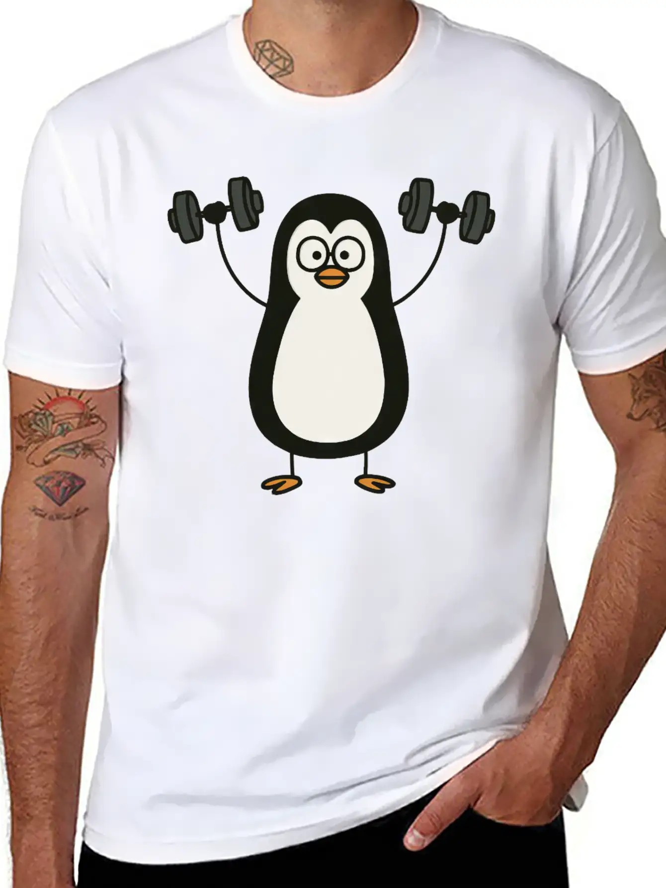 Funny Penguin With Dumbbell Fitness Workout Doodle Classic Cotton Tee – Unisex Comfort For Any Season
