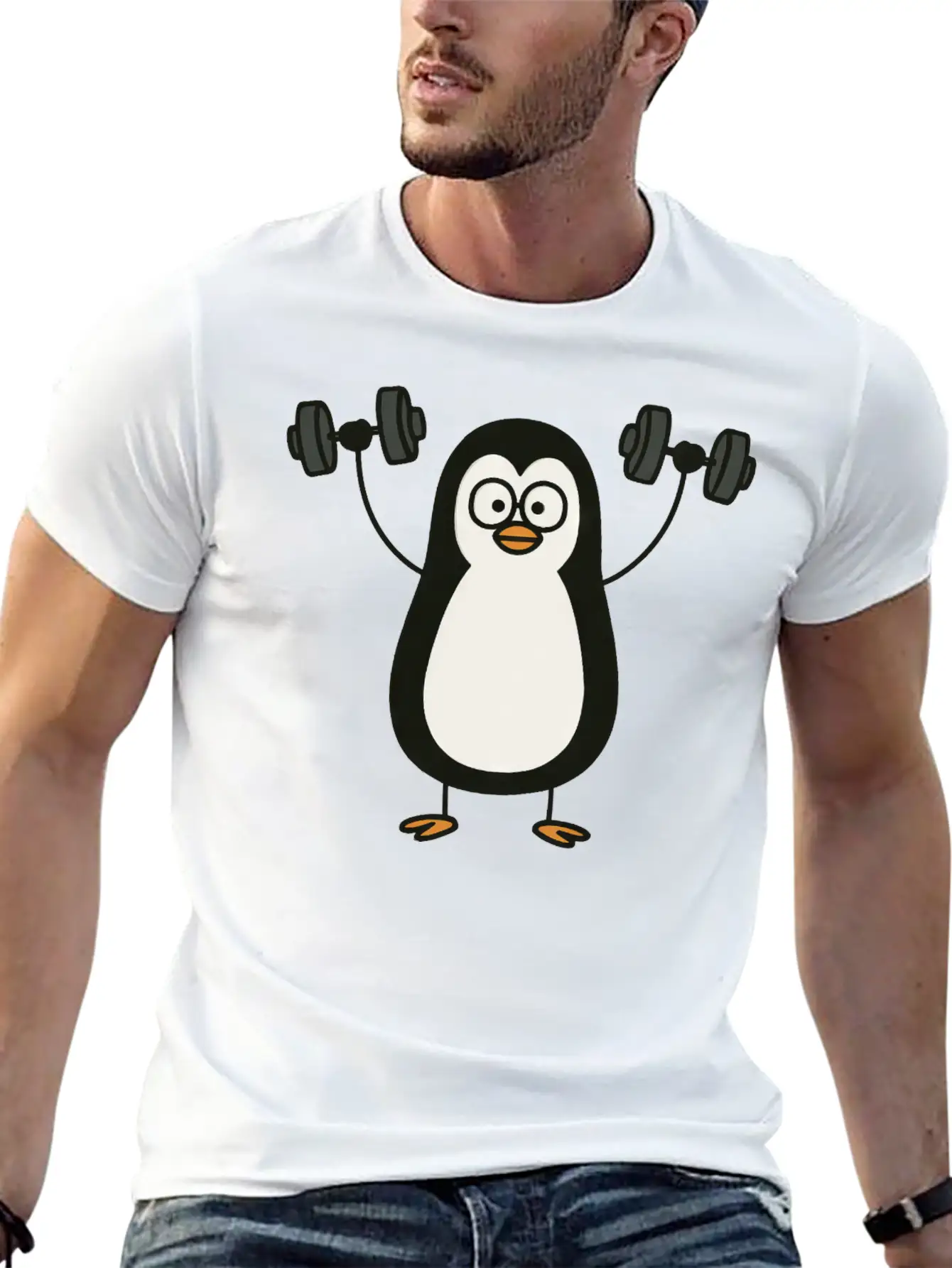Funny Penguin With Dumbbell Fitness Workout Doodle Classic Cotton Tee – Unisex Comfort For Any Season