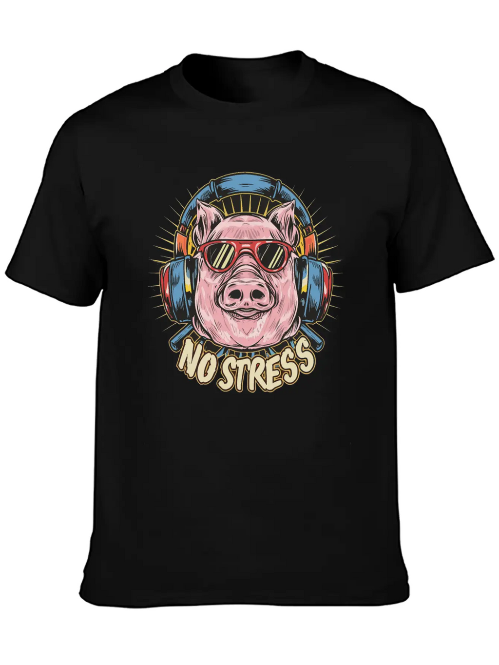 Funny Pig With Headphones Funny Saying NO STRESS Timeless Short Sleeve Tee – Comfy And Minimalist Design