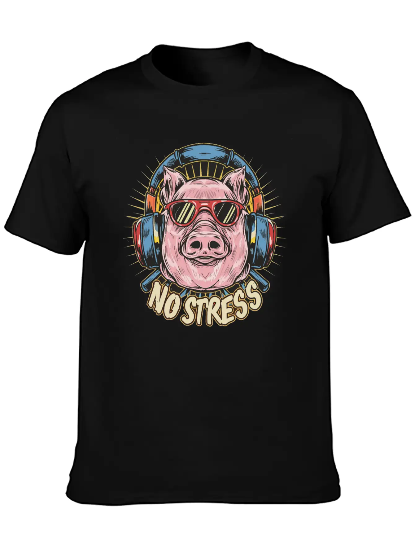 Funny Pig With Headphones Funny Saying NO STRESS Timeless Short Sleeve Tee – Comfy And Minimalist Design