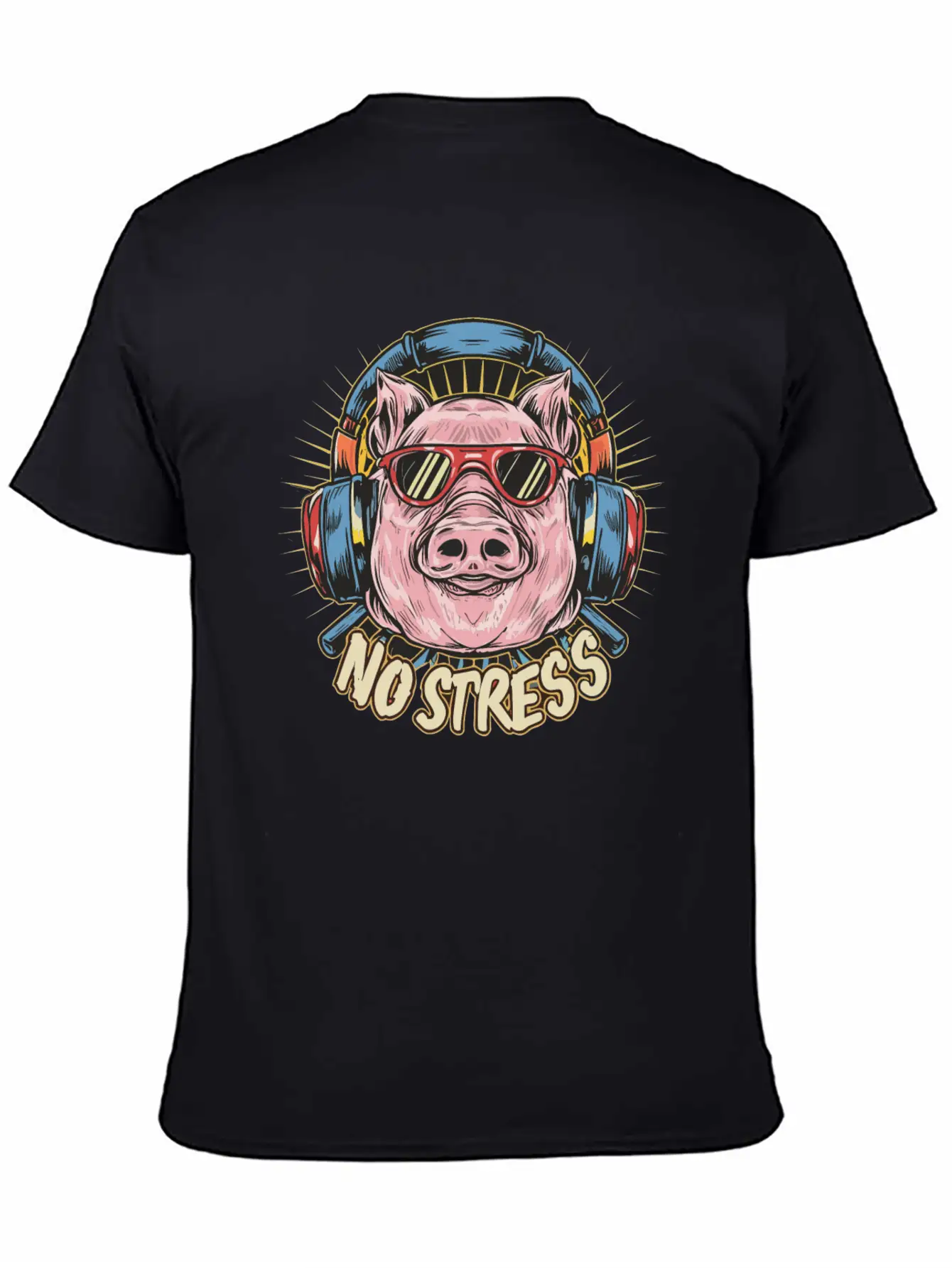 Funny Pig With Headphones Funny Saying NO STRESS Timeless Short Sleeve Tee – Comfy And Minimalist Design