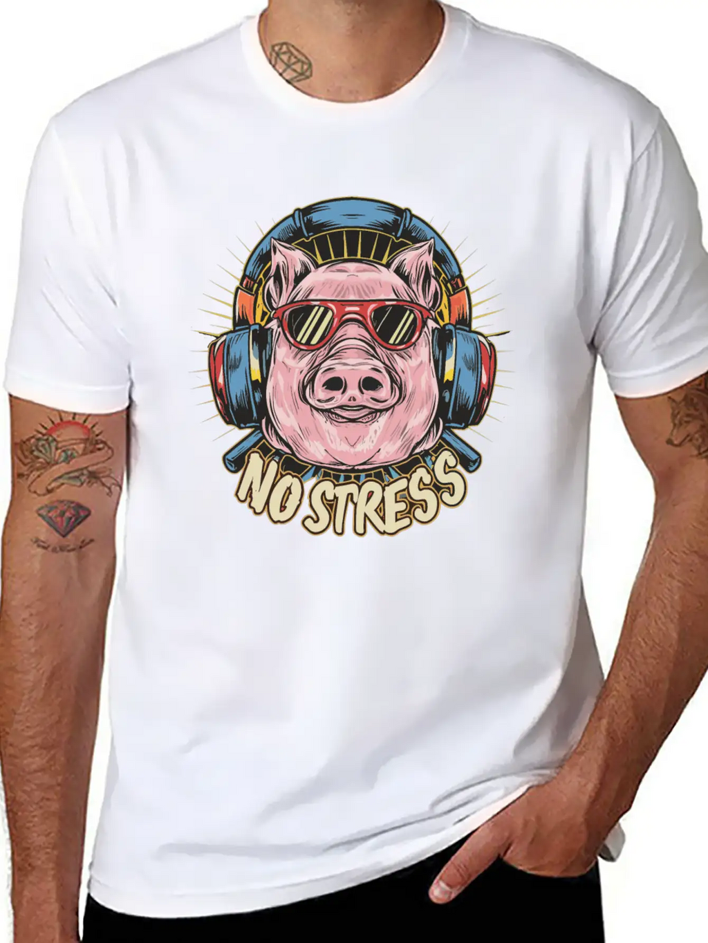 Funny Pig With Headphones Funny Saying NO STRESS Timeless Short Sleeve Tee – Comfy And Minimalist Design