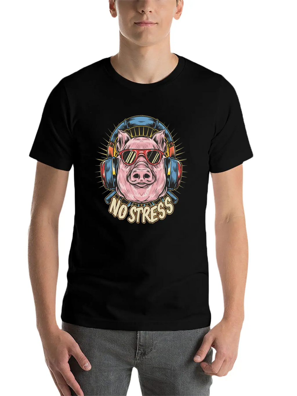 Funny Pig With Headphones Funny Saying NO STRESS Timeless Short Sleeve Tee – Comfy And Minimalist Design