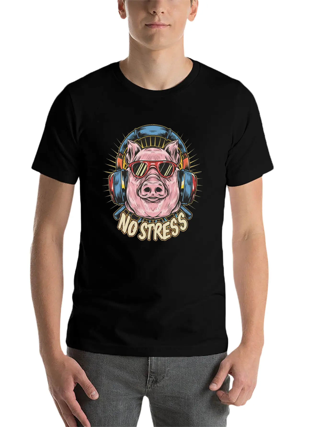 Funny Pig With Headphones Funny Saying NO STRESS Timeless Short Sleeve Tee – Comfy And Minimalist Design
