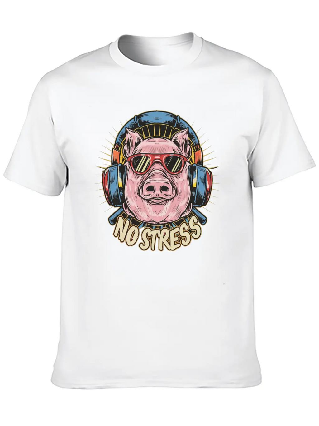 Funny Pig With Headphones Funny Saying NO STRESS Timeless Short Sleeve Tee – Comfy And Minimalist Design