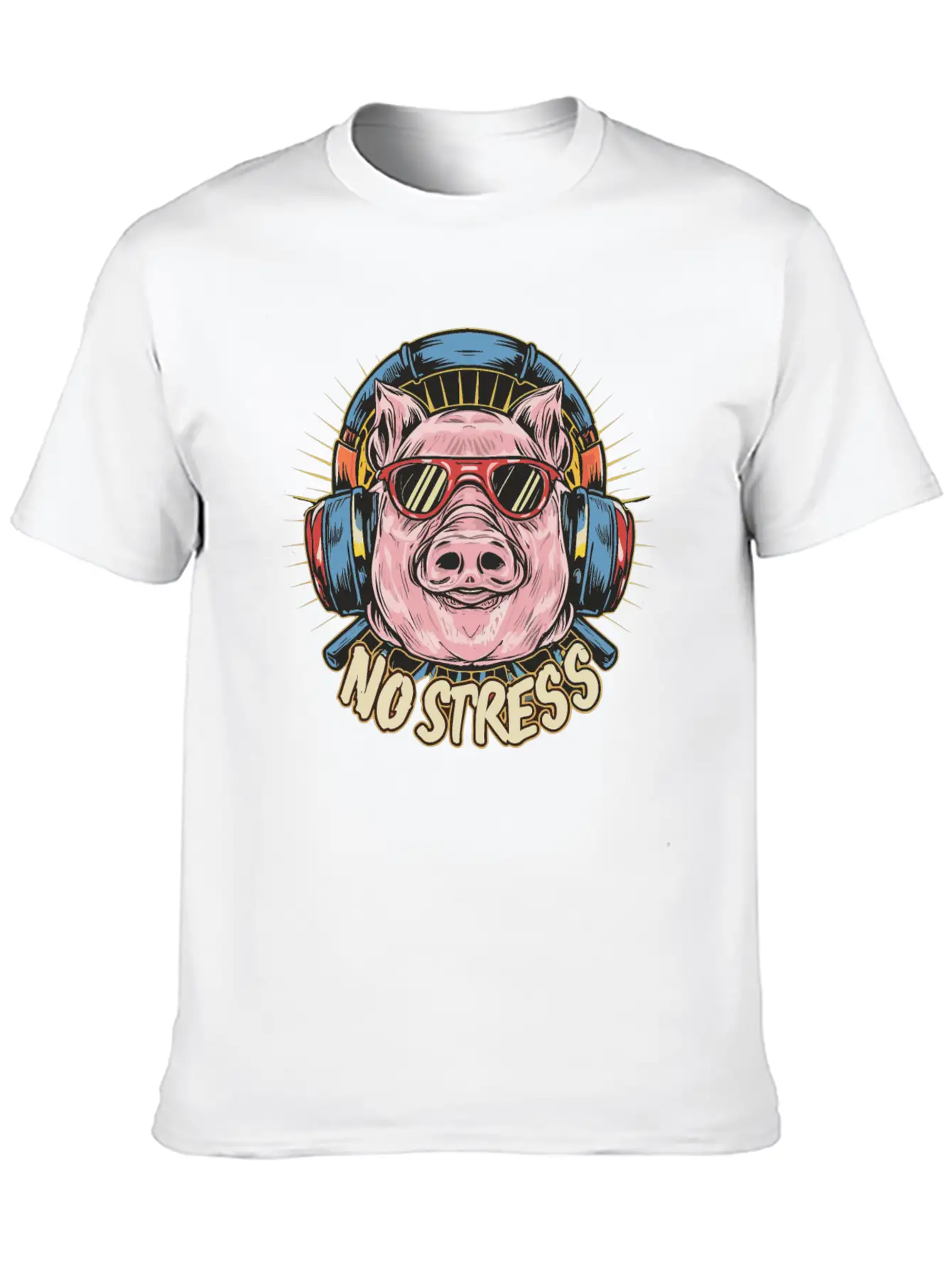 Funny Pig With Headphones Funny Saying NO STRESS Timeless Short Sleeve Tee – Comfy And Minimalist Design