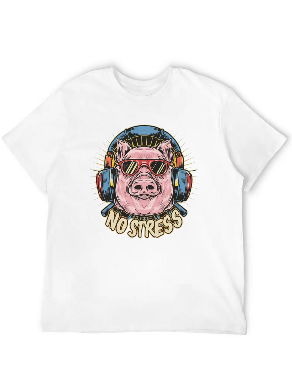 Funny Pig With Headphones Funny Saying NO STRESS Timeless Short Sleeve Tee – Comfy And Minimalist Design