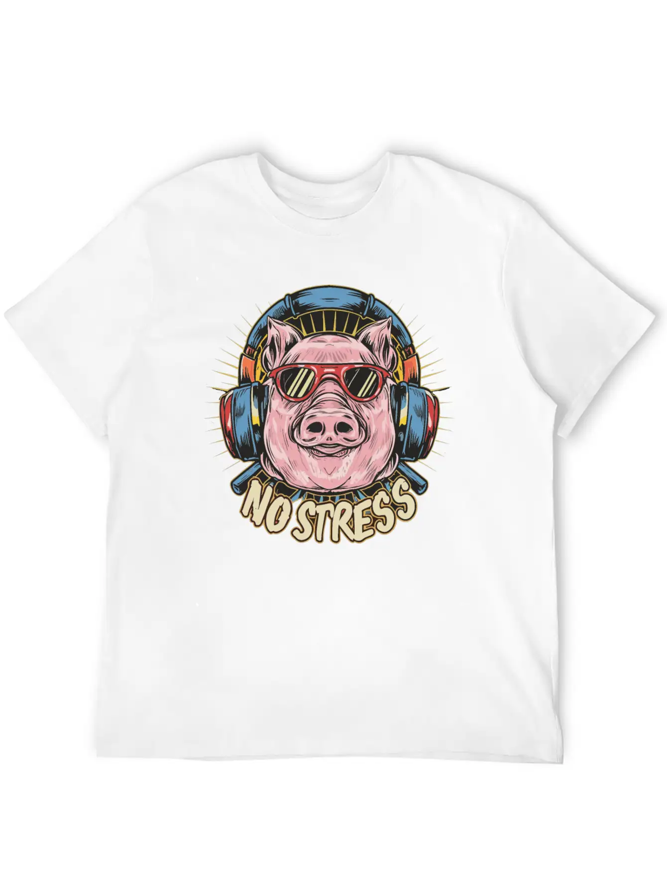 Funny Pig With Headphones Funny Saying NO STRESS Timeless Short Sleeve Tee – Comfy And Minimalist Design