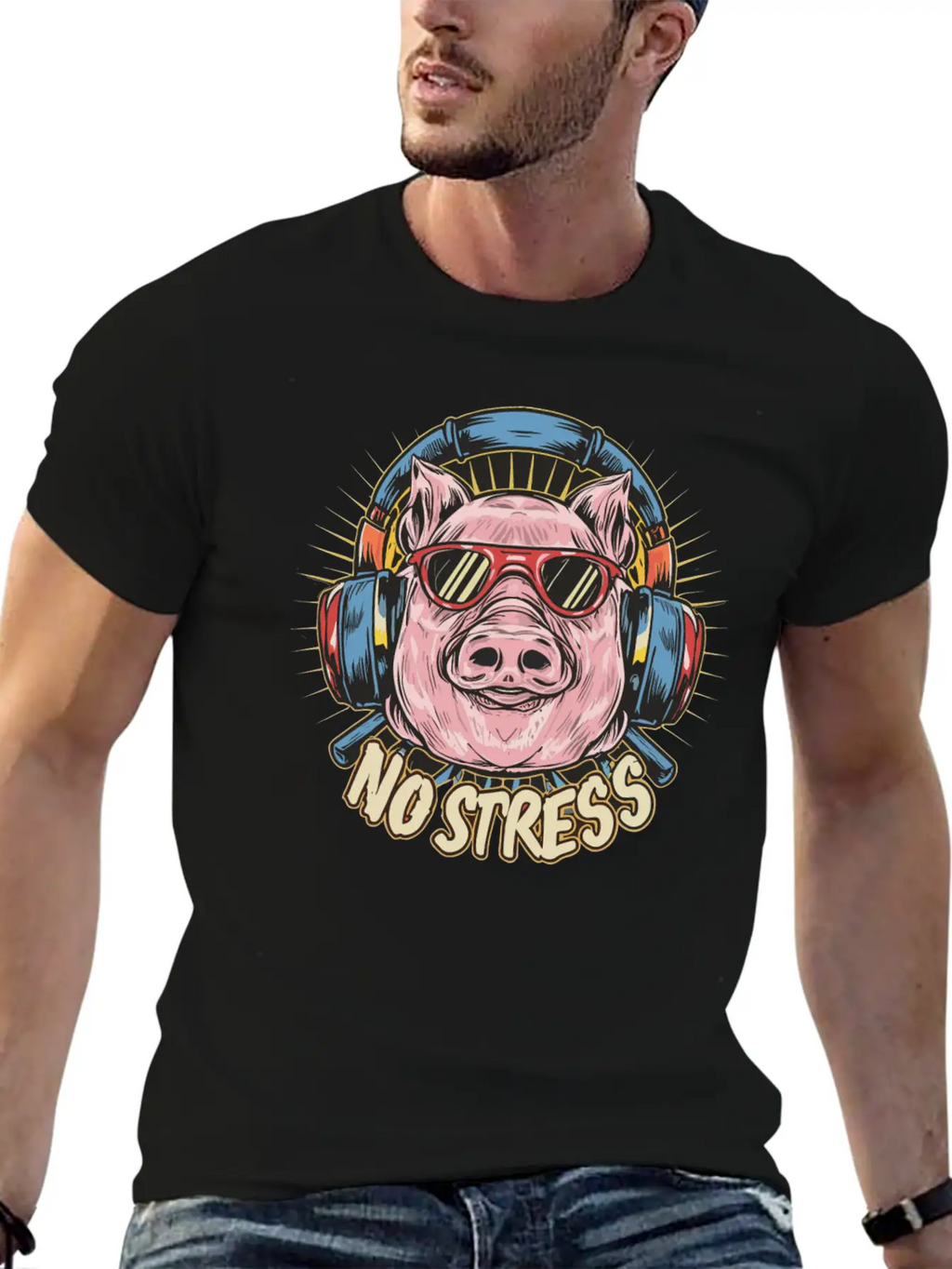 Funny Pig With Headphones Funny Saying NO STRESS Timeless Short Sleeve Tee – Comfy And Minimalist Design