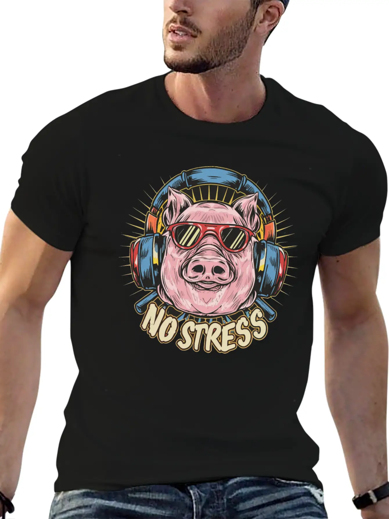 Funny Pig With Headphones Funny Saying NO STRESS Timeless Short Sleeve Tee – Comfy And Minimalist Design