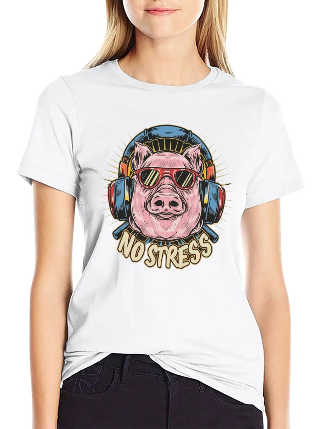 Funny Pig With Headphones Funny Saying NO STRESS Timeless Short Sleeve Tee – Comfy And Minimalist Design