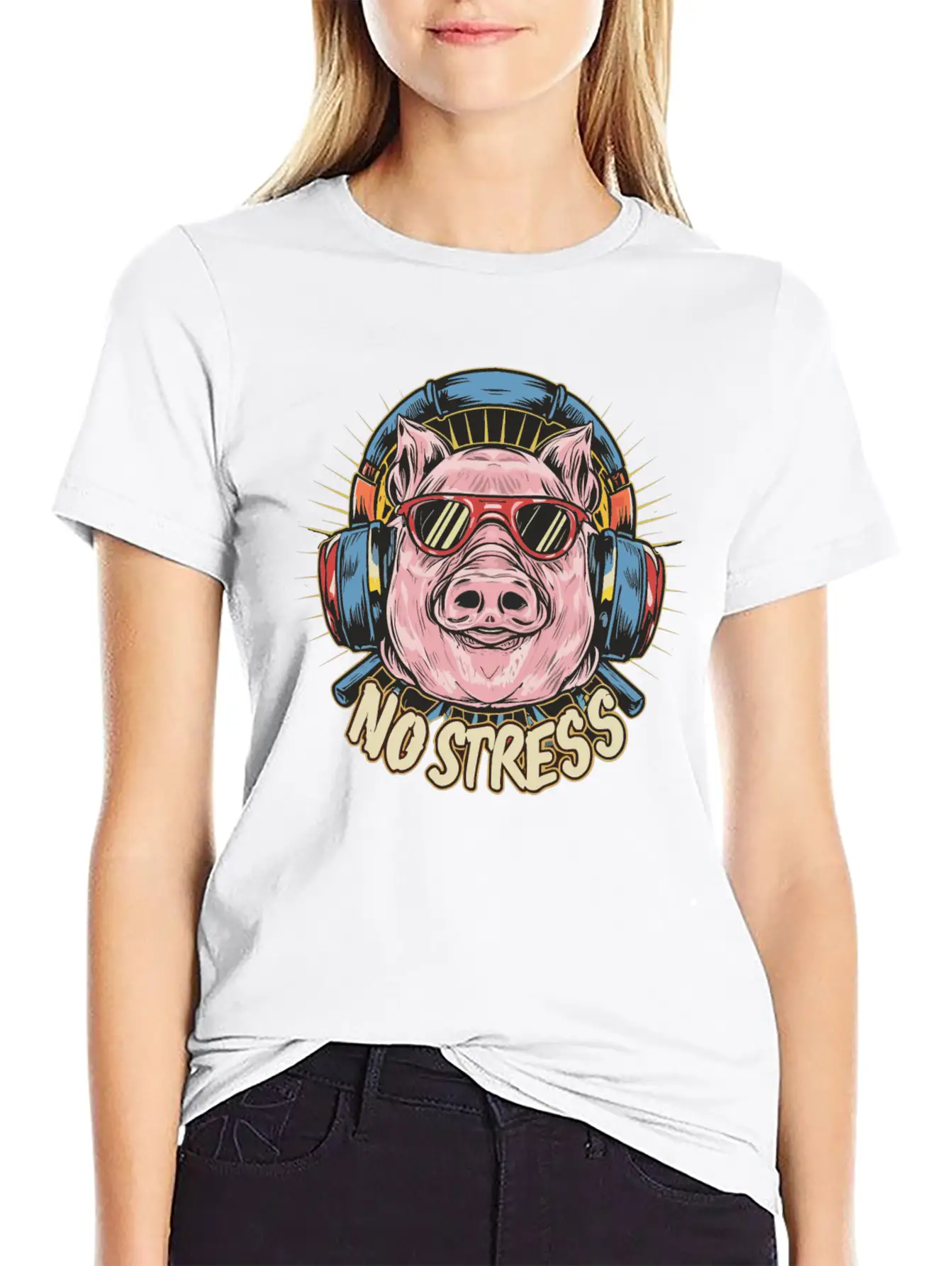 Funny Pig With Headphones Funny Saying NO STRESS Timeless Short Sleeve Tee – Comfy And Minimalist Design
