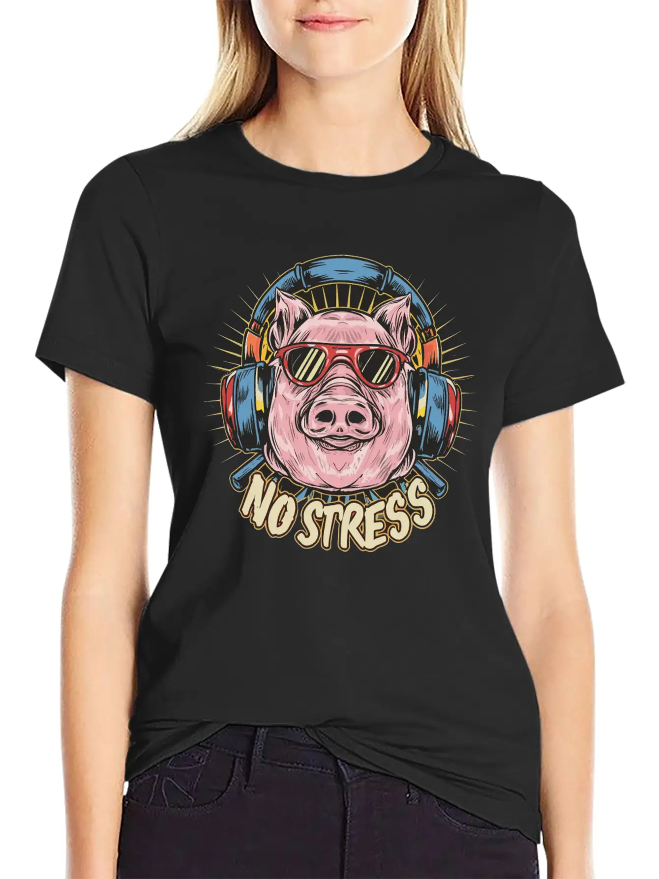 Funny Pig With Headphones Funny Saying NO STRESS Timeless Short Sleeve Tee – Comfy And Minimalist Design