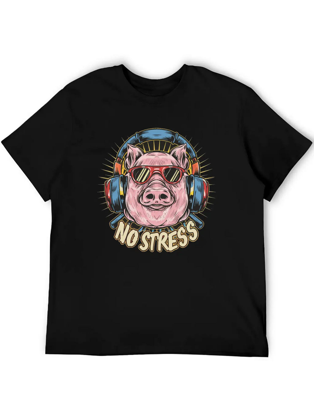 Funny Pig With Headphones Funny Saying NO STRESS Timeless Short Sleeve Tee – Comfy And Minimalist Design