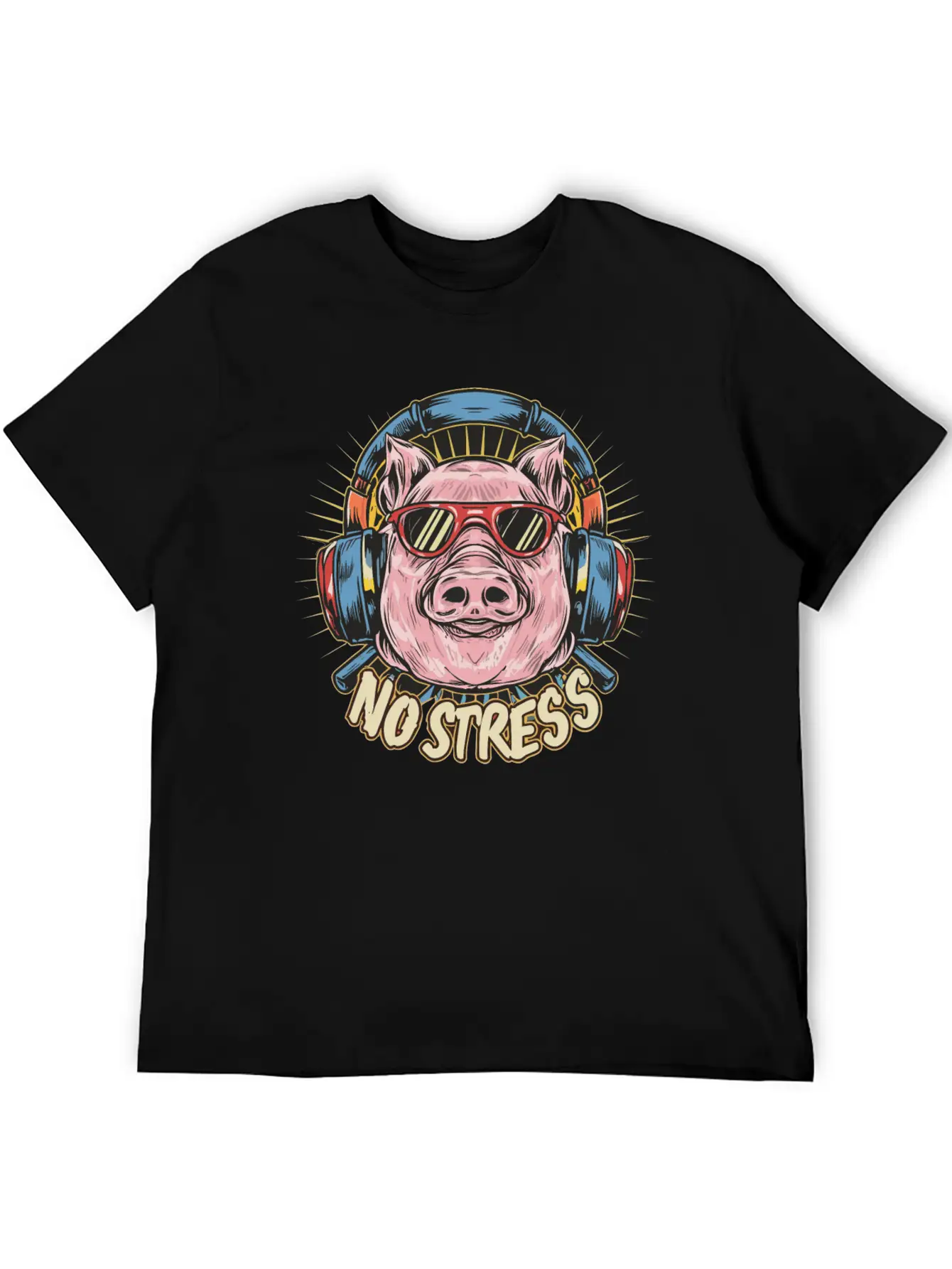 Funny Pig With Headphones Funny Saying NO STRESS Timeless Short Sleeve Tee – Comfy And Minimalist Design