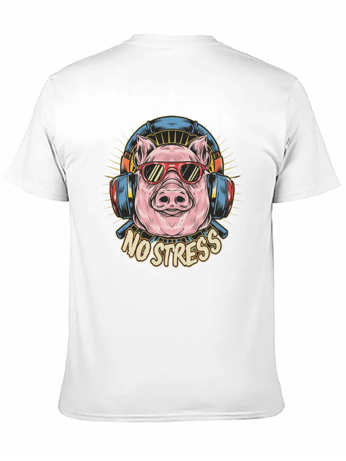 Funny Pig With Headphones Funny Saying NO STRESS Timeless Short Sleeve Tee – Comfy And Minimalist Design