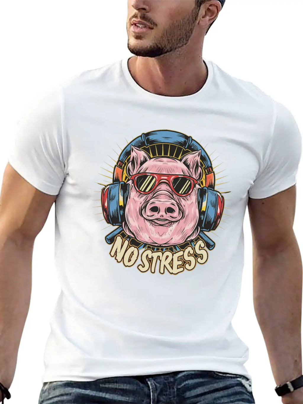 Funny Pig With Headphones Funny Saying NO STRESS Timeless Short Sleeve Tee – Comfy And Minimalist Design