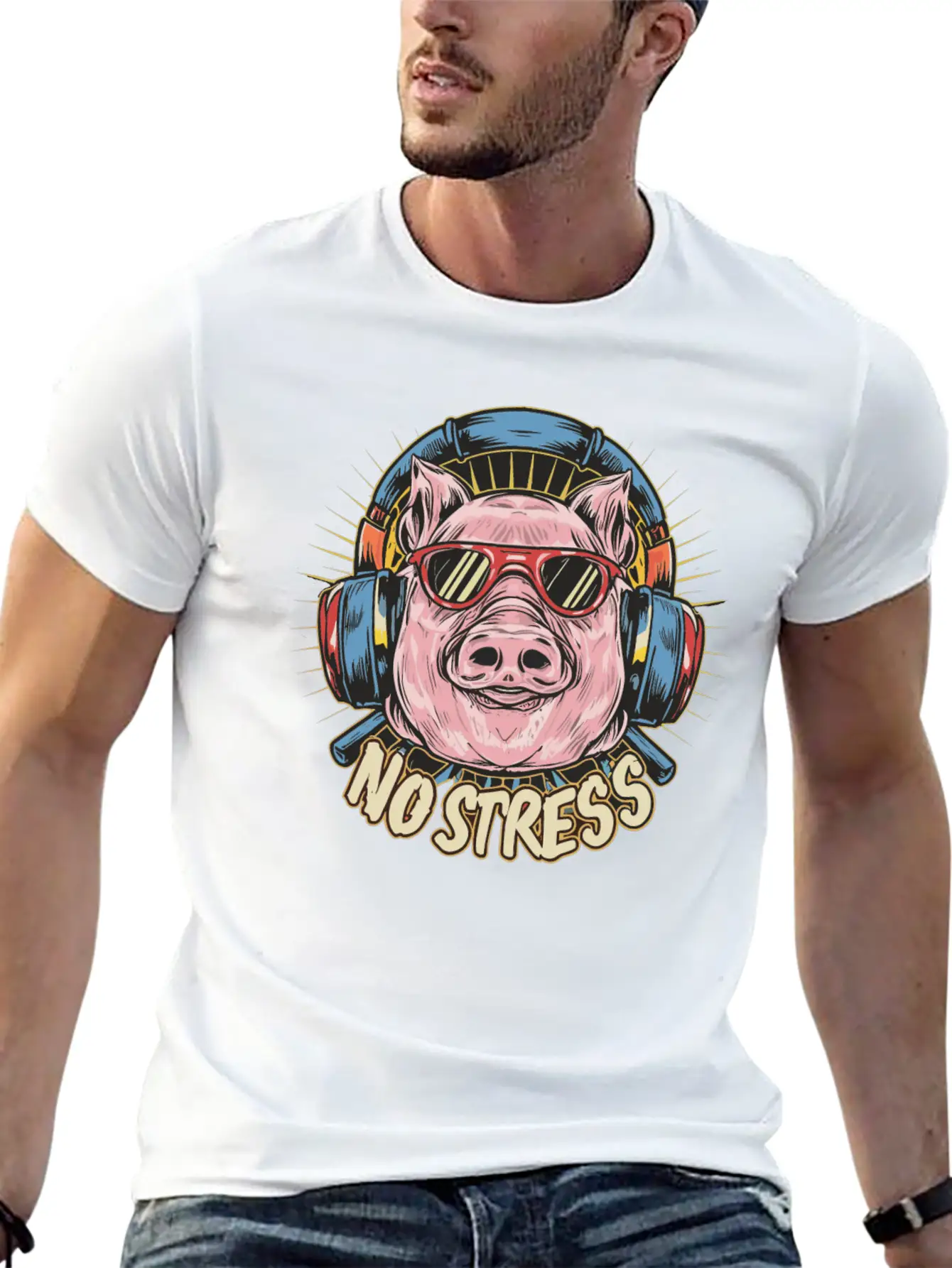 Funny Pig With Headphones Funny Saying NO STRESS Timeless Short Sleeve Tee – Comfy And Minimalist Design