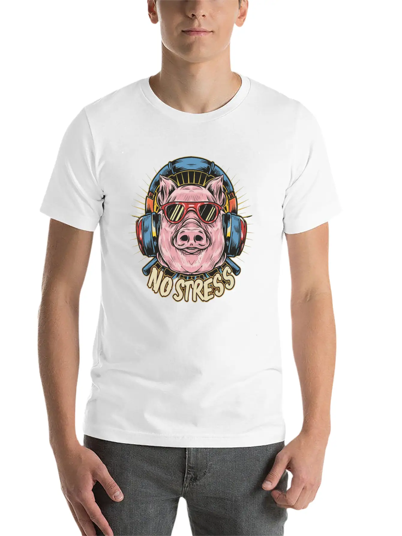 Funny Pig With Headphones Funny Saying NO STRESS Timeless Short Sleeve Tee – Comfy And Minimalist Design