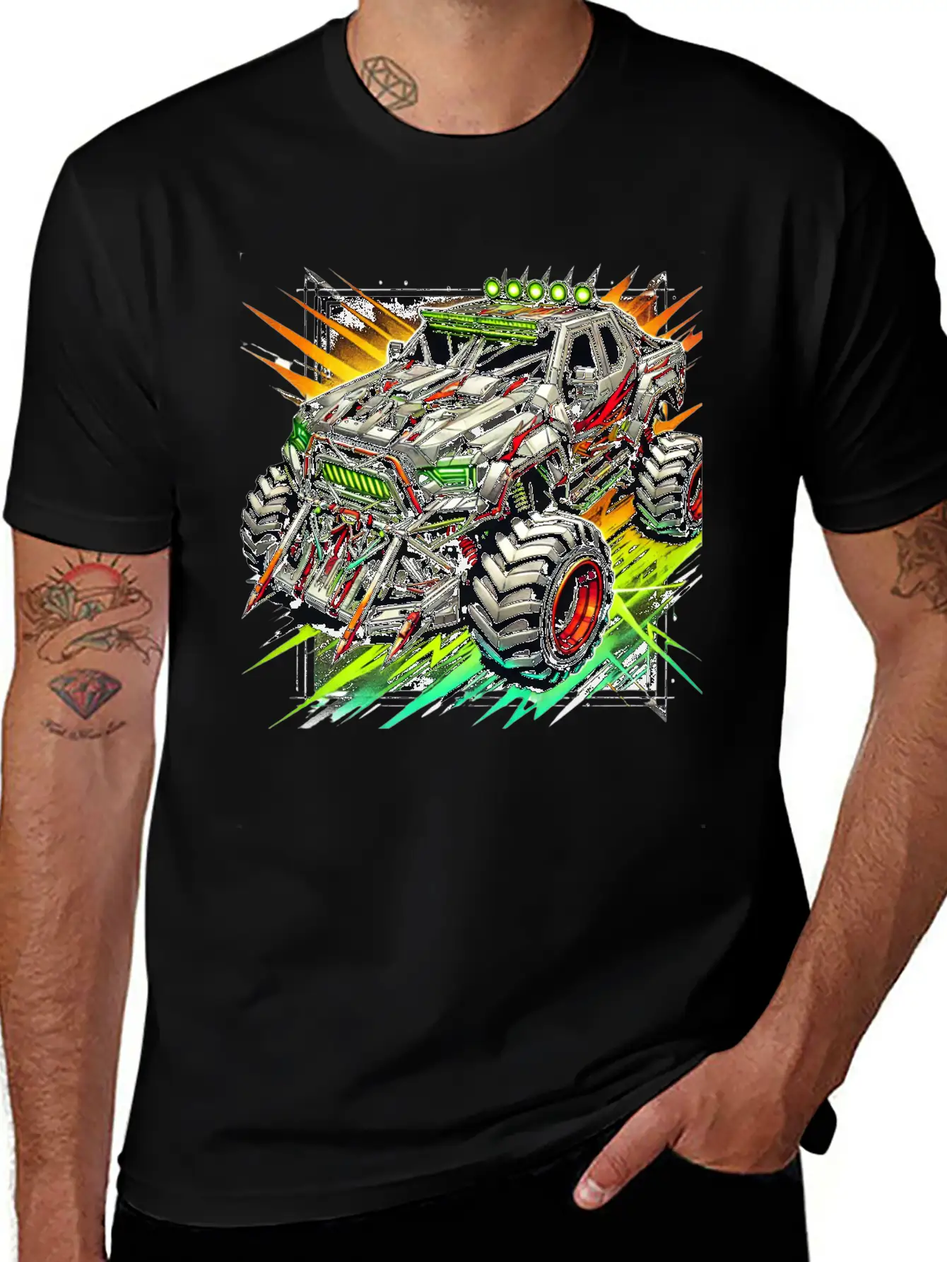 Futuristic Off-Road Monster Truck With Cyberpunk Relaxed Everyday Tee – Lightweight And Durable Cotton
