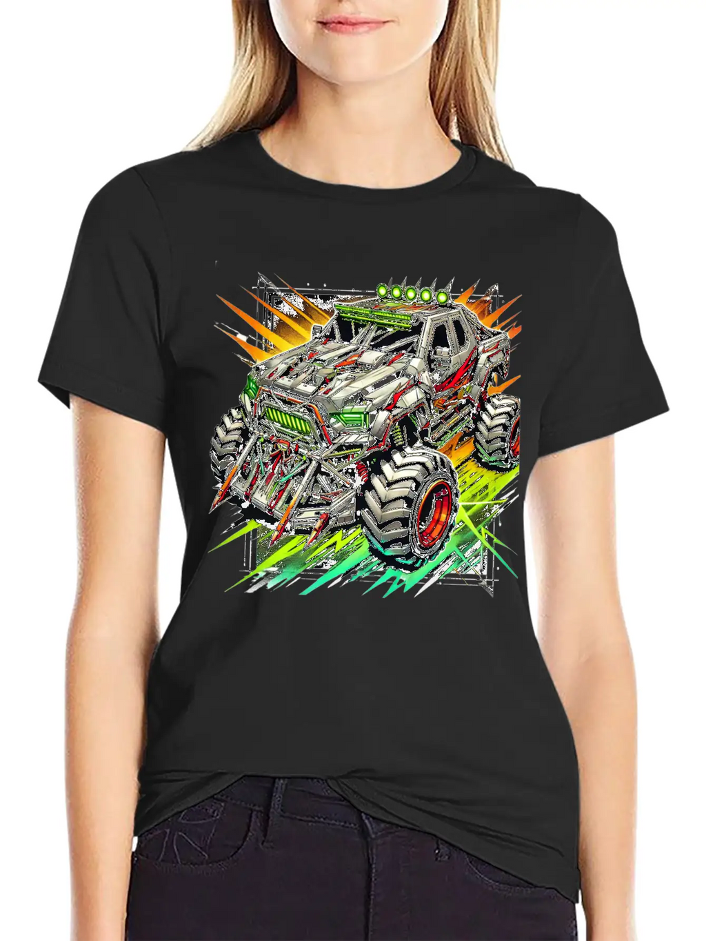 Futuristic Off-Road Monster Truck With Cyberpunk Relaxed Everyday Tee – Lightweight And Durable Cotton