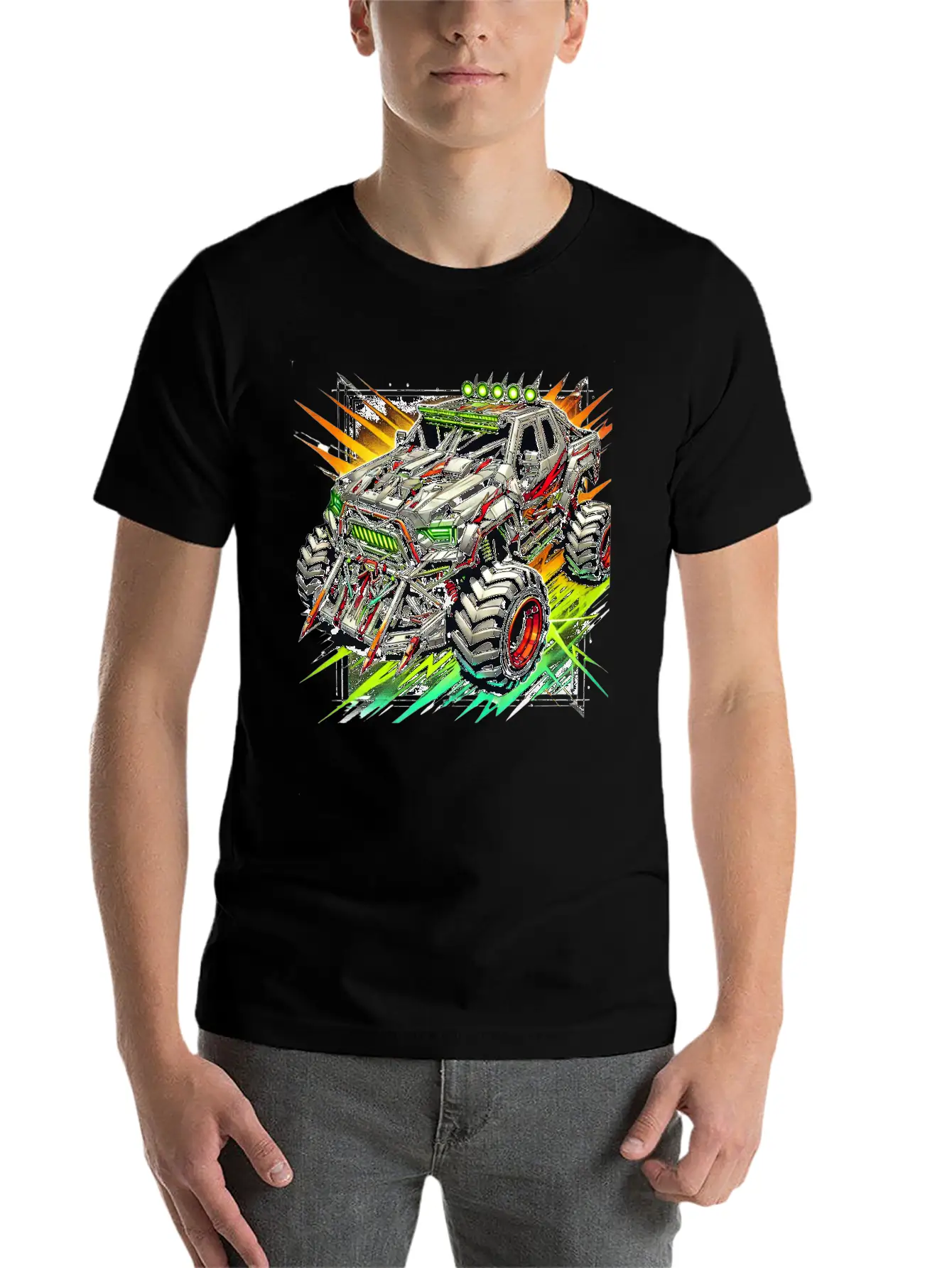 Futuristic Off-Road Monster Truck With Cyberpunk Relaxed Everyday Tee – Lightweight And Durable Cotton