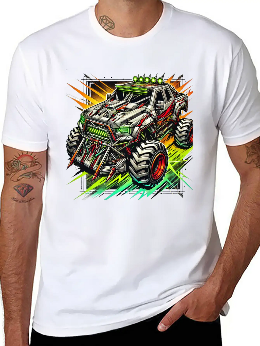 Futuristic Off-Road Monster Truck With Cyberpunk Relaxed Everyday Tee – Lightweight And Durable Cotton
