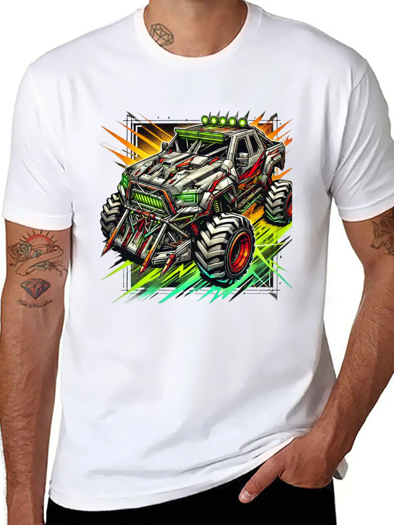 Futuristic Off-Road Monster Truck With Cyberpunk Relaxed Everyday Tee – Lightweight And Durable Cotton