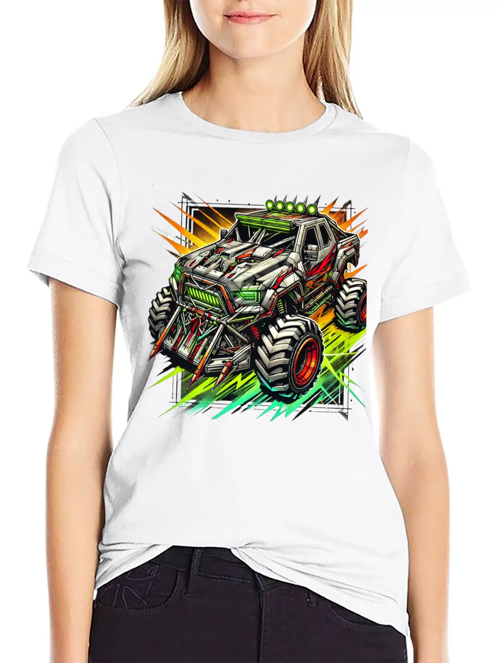 Futuristic Off-Road Monster Truck With Cyberpunk Relaxed Everyday Tee – Lightweight And Durable Cotton
